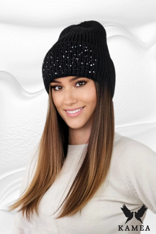 Ginny czapka damska Kamea zimowa, z cekinami, 50% wełny, rozmiar uniwersalny 54–60 cm, kolor czarny