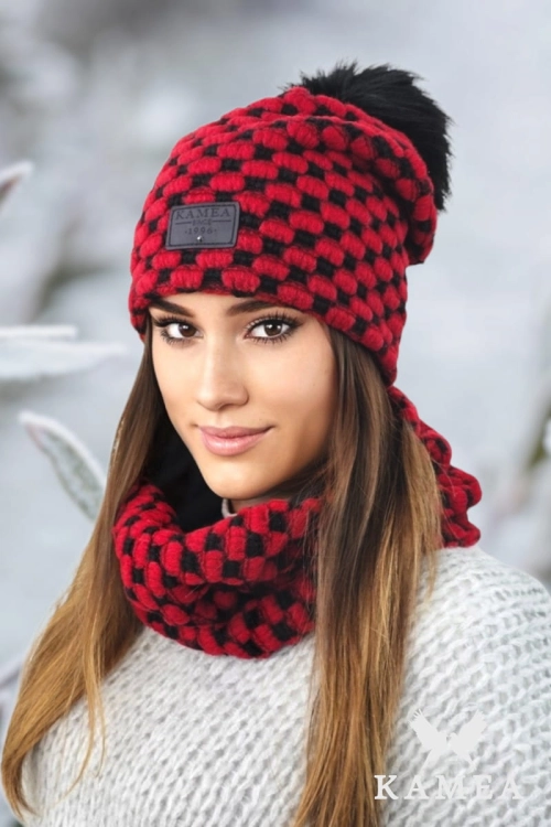 Imelda-Komplet damski: czapka i komin Kamea zimowy, z polarową podszewką, 53% wełny, tuba 35 × 25 cm, kolor czerwony