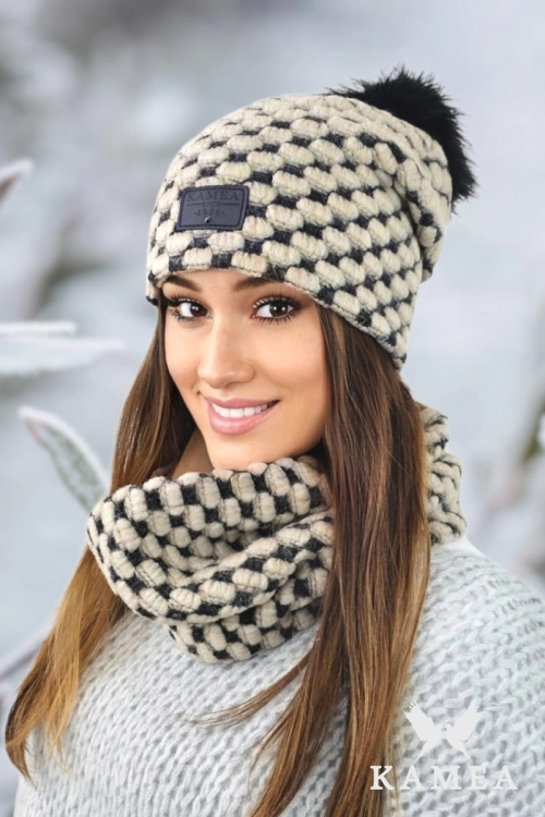 Imelda-Komplet damski: czapka i komin Kamea zimowy, z polarową podszewką, 53% wełny, tuba 35 × 25 cm, kolor beżowy