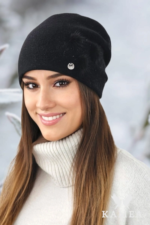Onyks czapka damska Kamea zimowa, 80% wełny, rozmiar uniwersalny 54–60 cm, kolor czarny