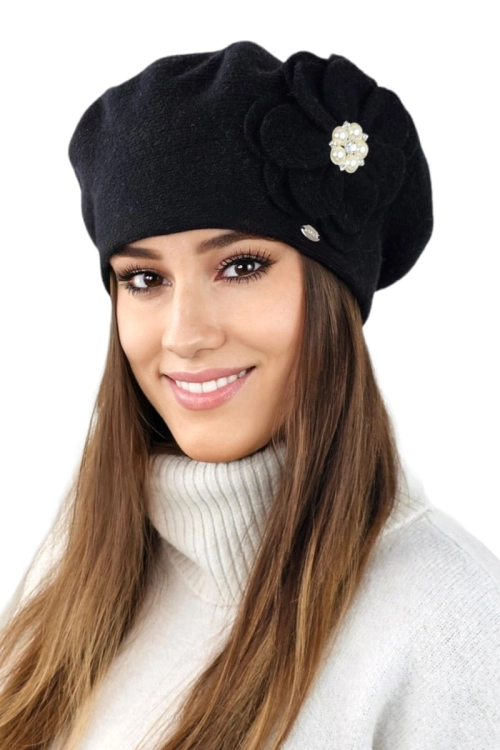 Kalia beret damski Kamea zimowy, kwiatowy motyw, 80% wełny, rozmiar uniwersalny 54–60 cm, kolor czarny