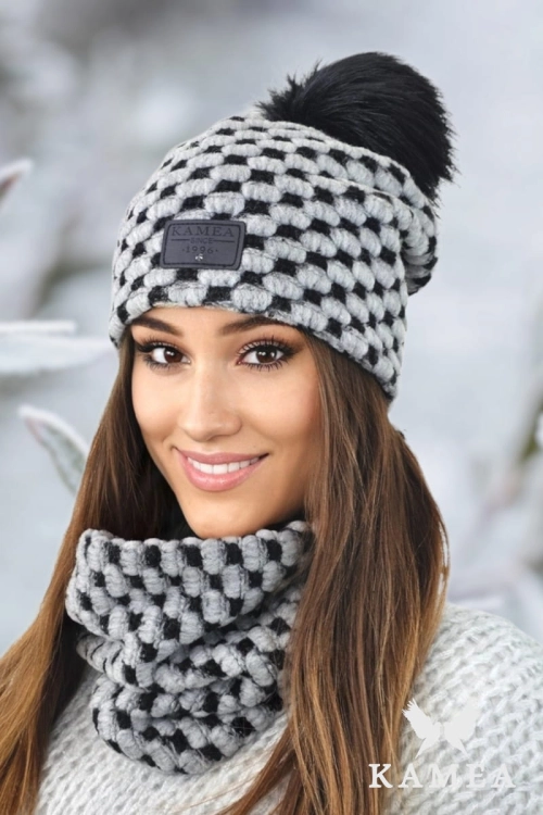 Imelda-Komplet damski: czapka i komin Kamea zimowy, z polarową podszewką, 53% wełny, tuba 35 × 25 cm, kolor szary