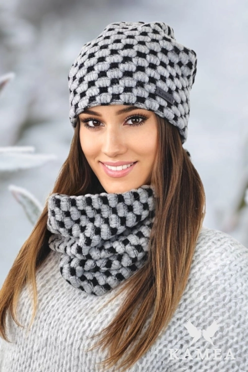 Boston-Komplet damski: czapka i komin Kamea zimowy, z polarową podszewką, 53% wełny, 25 × 35 cm, kolor szary