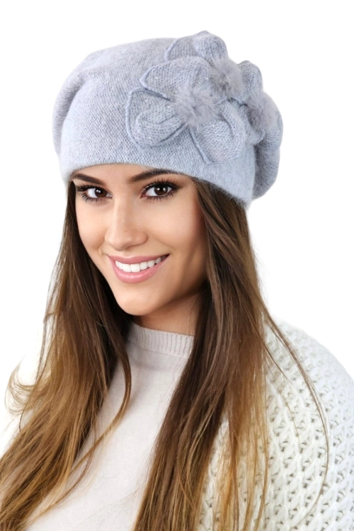 Cindy beret damski Kamea zimowy, z norką, kwiatowy motyw, z angorą, rozmiar uniwersalny 54–60 cm, kolor szary