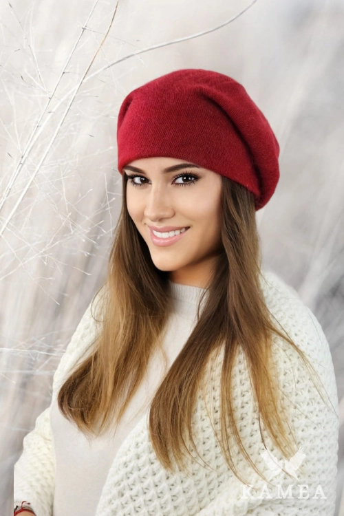 Cleo beret damski Kamea zimowy, z angorą, rozmiar uniwersalny 54–60 cm, kolor bordowy