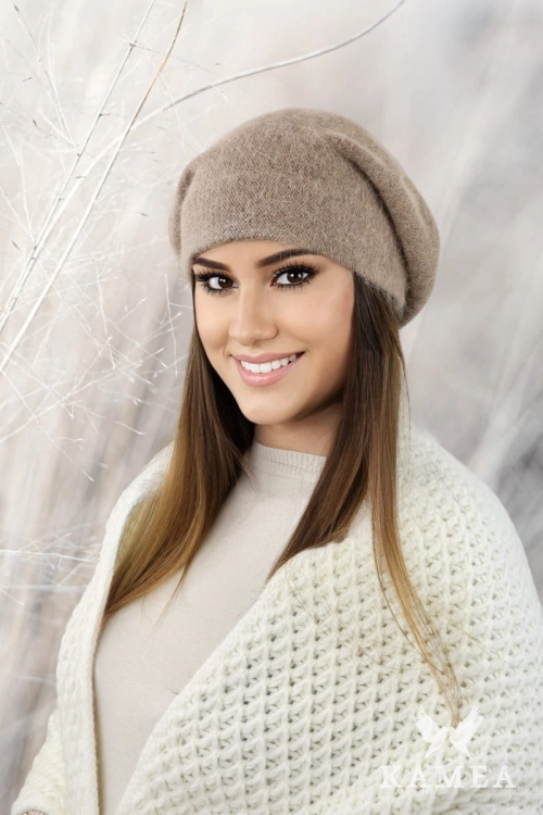 Cleo beret damski Kamea zimowy, z angorą, rozmiar uniwersalny 54–60 cm, kolor beżowy