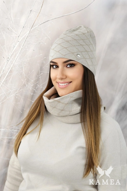 Diamond-Komplet damski: czapka i komin Kamea zimowy, 50% bawełny,  tuba 27 × 37 cm, kolor beżowy