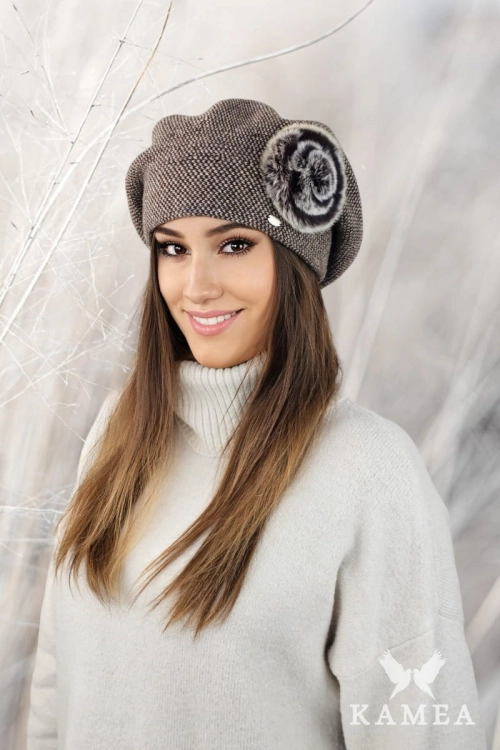 Sasanka beret damski Kamea zimowy, 80% wełny, rozmiar uniwersalny 54–60 cm, kolor brązowy