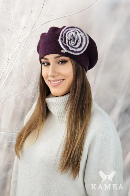 Orchid beret damski Kamea zimowy, 80% wełny, rozmiar uniwersalny 54–60 cm, kolor fioletowy