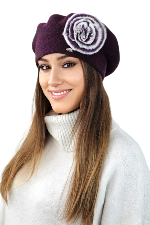 Orchid beret damski Kamea zimowy, 80% wełny, rozmiar uniwersalny 54–60 cm, kolor fioletowy
