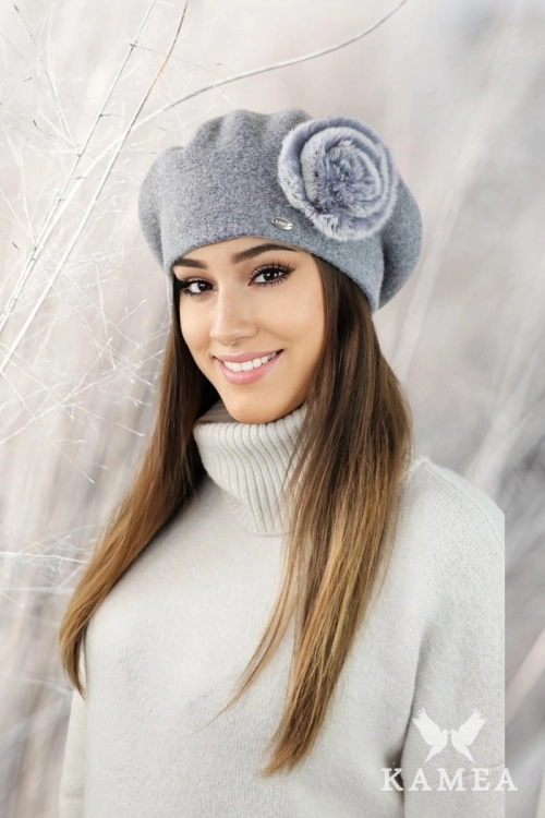 Orchid beret damski Kamea zimowy, 80% wełny, rozmiar uniwersalny 54–60 cm, kolor srebrny