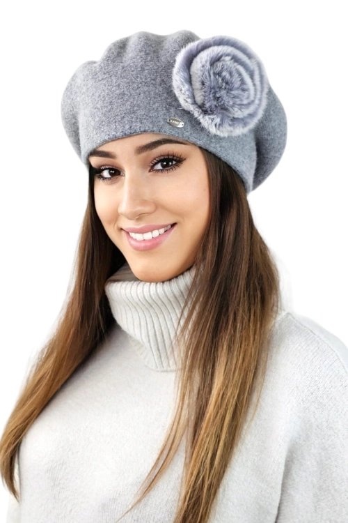 Orchid beret damski Kamea zimowy, 80% wełny, rozmiar uniwersalny 54–60 cm, kolor srebrny