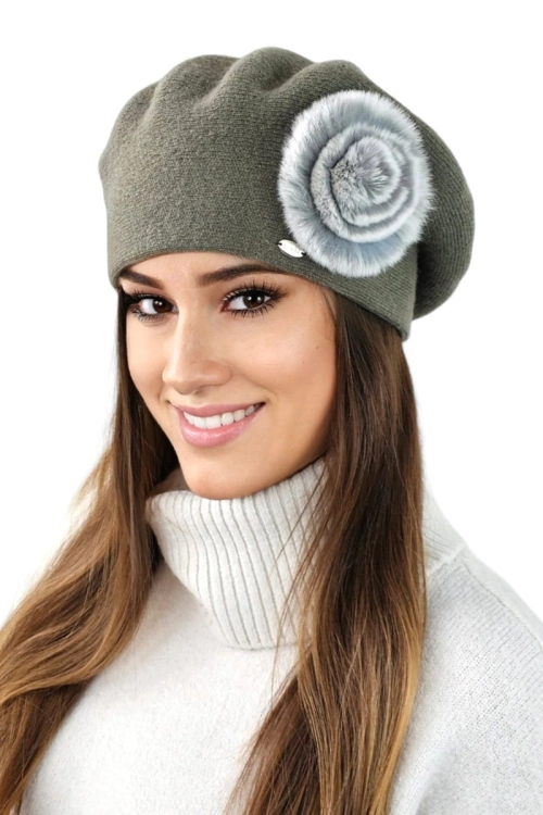 Orchid beret damski Kamea zimowy, 80% wełny, rozmiar uniwersalny 54–60 cm, kolor khaki