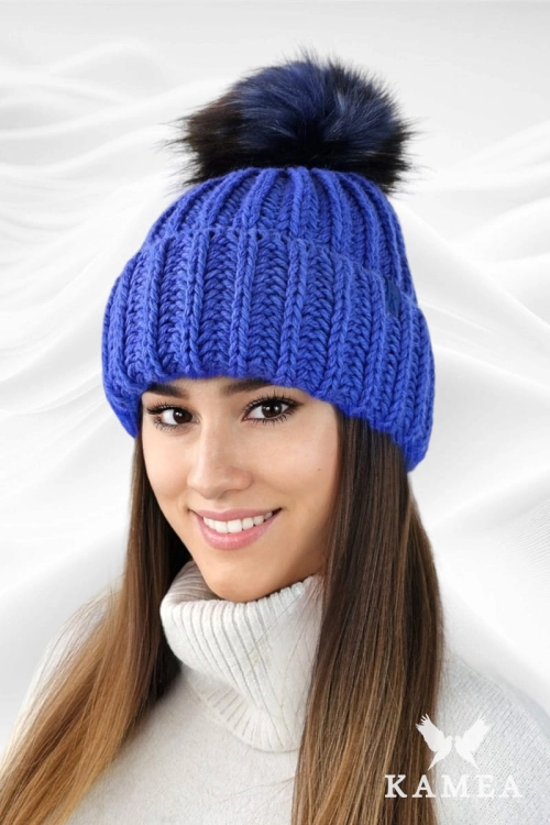 Nerea czapka unisex Kamea zimowa, gruby splot, z polarową podszewką, 50% wełny, rozmiar uniwersalny 54–60 cm, kolor niebieski