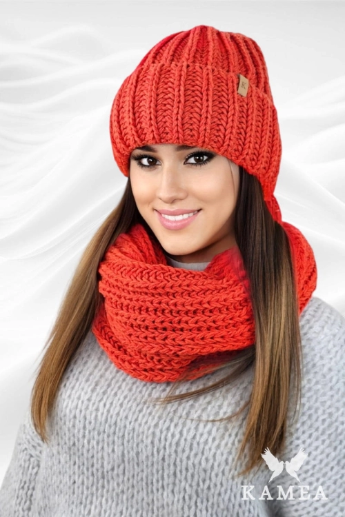 Landa Komplet damski: czapka i komin Kamea zimowy, z polarową podszewką, 50% wełny, ósemka 75 × 26 cm, kolor pomarańczowy