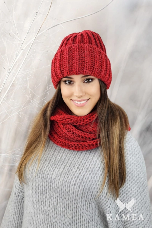 Landa Komplet damski: czapka i komin Kamea zimowy, z polarową podszewką, 50% wełny, ósemka 75 × 26 cm, kolor czerwony