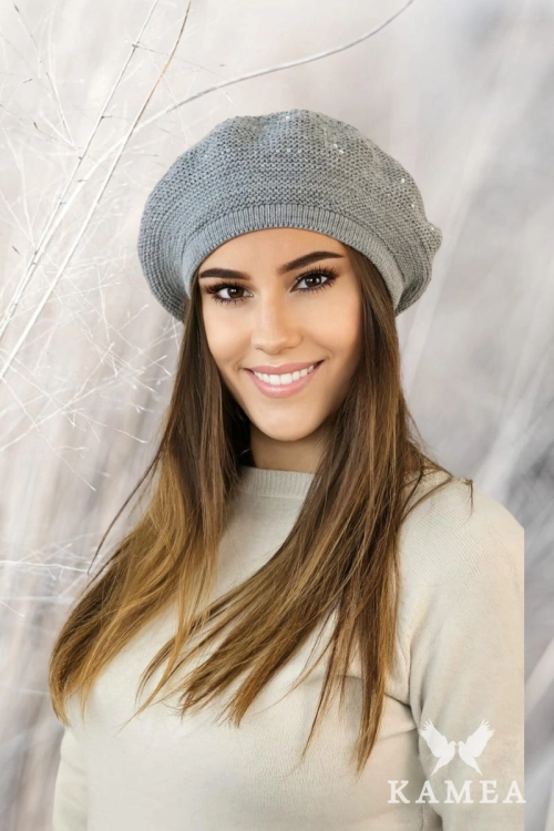 Piwonia beret damski Kamea zimowy, z cekinami, motyw piwonii, z polarową podszewką, z wełną, rozmiar uniwersalny 54–60 cm, kolor szary