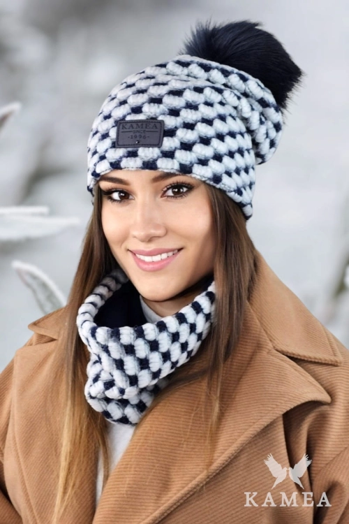 Imelda-Komplet damski: czapka i komin Kamea zimowy, z polarową podszewką, 53% wełny, tuba 35 × 25 cm, kolor ekru