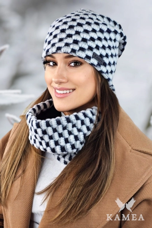 Boston-Komplet damski: czapka i komin Kamea zimowy, z polarową podszewką, 53% wełny, 25 × 35 cm, kolor ekru