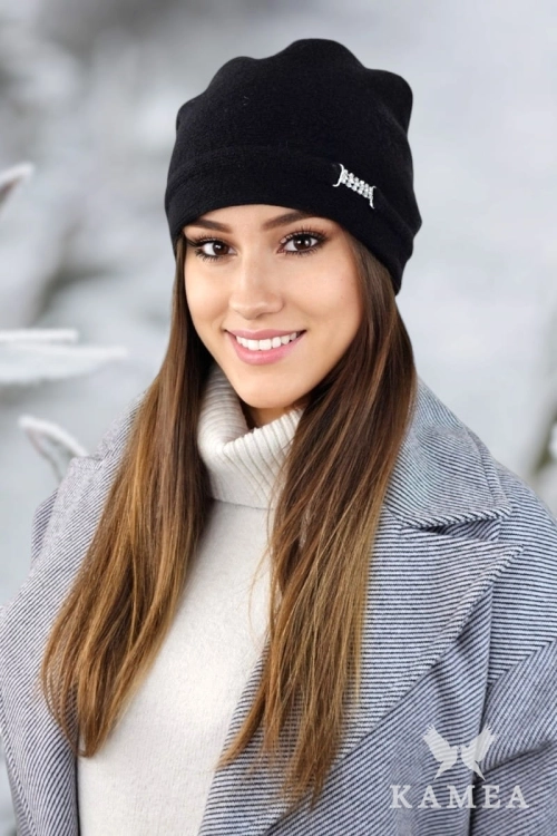 Leonora czapka damska Kamea zimowa, z kryształkami, 80% wełny, rozmiar uniwersalny 54–60 cm, kolor czarny