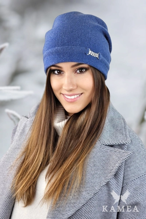 Leonora czapka damska Kamea zimowa, z kryształkami, 80% wełny, rozmiar uniwersalny 54–60 cm, kolor jeansowy
