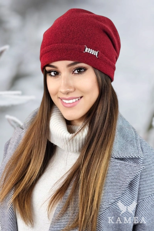 Leonora czapka damska Kamea zimowa, z kryształkami, 80% wełny, rozmiar uniwersalny 54–60 cm, kolor winny
