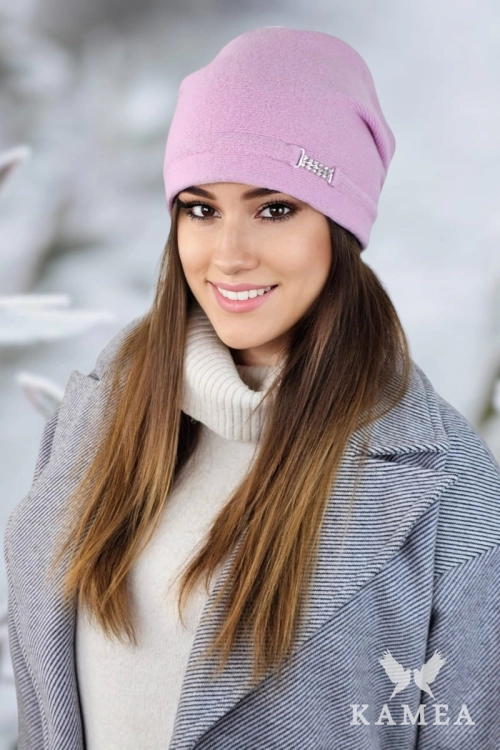 Leonora czapka damska Kamea zimowa, z kryształkami, 80% wełny, rozmiar uniwersalny 54–60 cm, kolor różowy