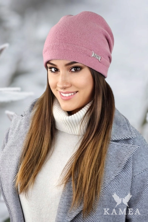 Leonora czapka damska Kamea zimowa, z kryształkami, 80% wełny, rozmiar uniwersalny 54–60 cm, kolor różany