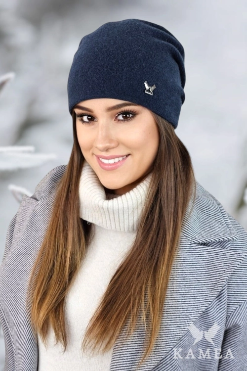 Lily czapka damska Kamea zimowa, z logo, 80% wełny, rozmiar uniwersalny 54–60 cm, kolor granatowy i turkusowy