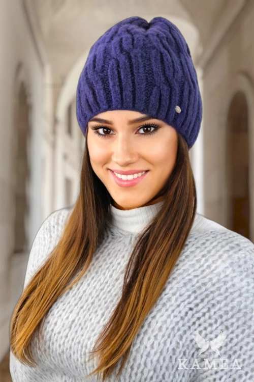 Gizma czapka damska Kamea zimowa, puszysty fason, z polarową podszewką, z wełną, rozmiar uniwersalny 54–60 cm, kolor granatowy