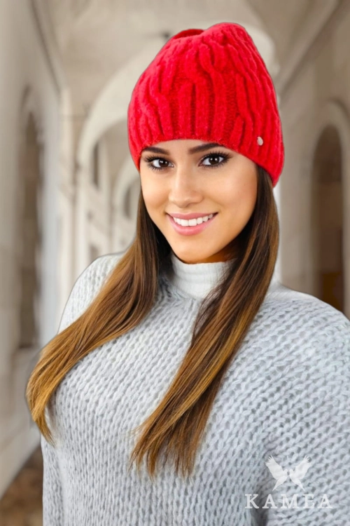 Gizma czapka damska Kamea zimowa, puszysty fason, z polarową podszewką, z wełną, rozmiar uniwersalny 54–60 cm, kolor koralowy