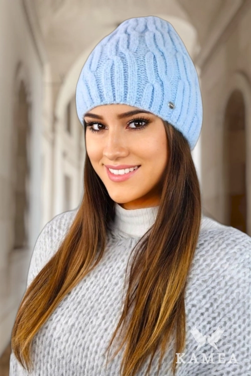 Gizma czapka damska Kamea zimowa, puszysty fason, z polarową podszewką, z wełną, rozmiar uniwersalny 54–60 cm, kolor błękitny