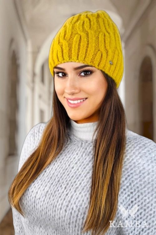 Gizma czapka damska Kamea zimowa, puszysty fason, z polarową podszewką, z wełną, rozmiar uniwersalny 54–60 cm, kolor oliwkowy