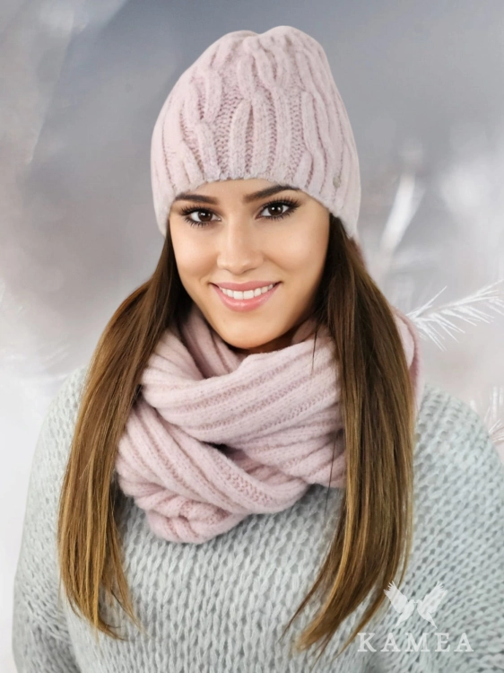 Gizma-Komplet damski: czapka i komin Kamea zimowy, puszysty fason, z polarową podszewką, z wełną, ósemka 75 × 28 cm, kolor różowy