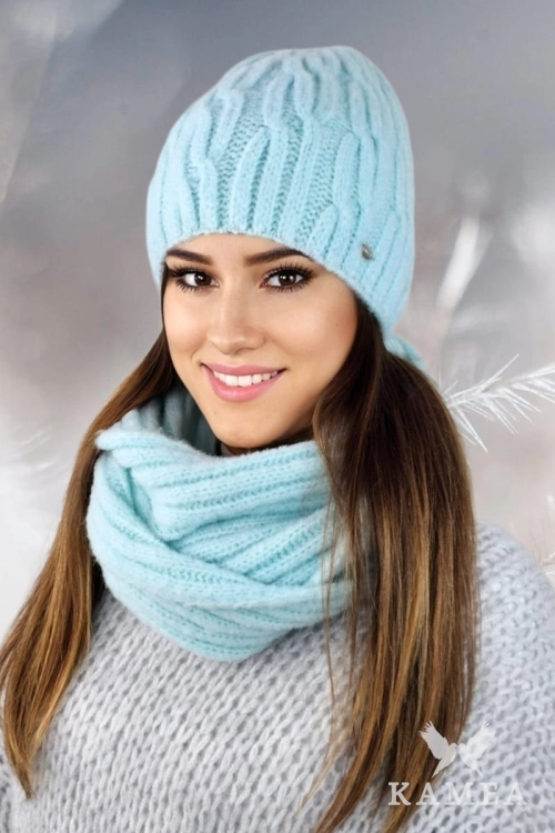 Gizma-Komplet damski: czapka i komin Kamea zimowy, puszysty fason, z polarową podszewką, z wełną, ósemka 75 × 28 cm, kolor miętowy