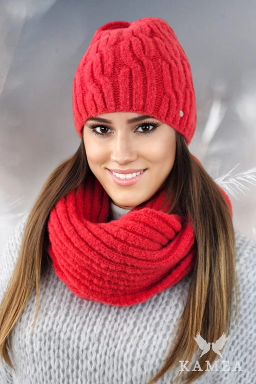 Gizma-Komplet damski: czapka i komin Kamea zimowy, puszysty fason, z polarową podszewką, z wełną, ósemka 75 × 28 cm, kolor koralowy