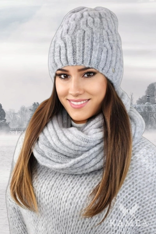 Gizma-Komplet damski: czapka i komin Kamea zimowy, puszysty fason, z polarową podszewką, z wełną, ósemka 75 × 28 cm, kolor szary