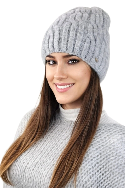 Gizma czapka damska Kamea zimowa, puszysty fason, z polarową podszewką, z wełną, rozmiar uniwersalny 54–60 cm, kolor szary