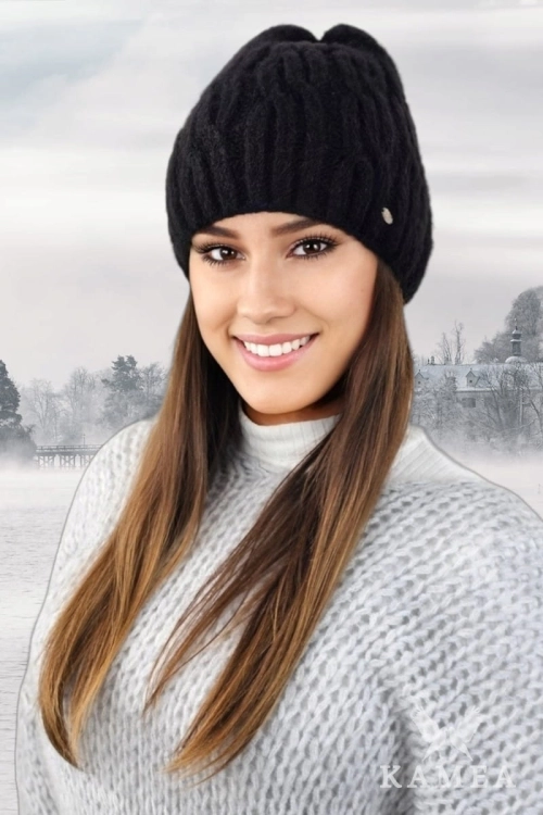 Gizma czapka damska Kamea zimowa, puszysty fason, z polarową podszewką, z wełną, rozmiar uniwersalny 54–60 cm, kolor czarny