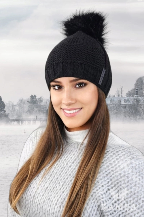 Fiona czapka damska Kamea zimowa, z pomponem, z polarową podszewką, z wełną, rozmiar uniwersalny 54–60 cm, kolor czarny