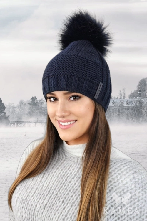 Fiona czapka damska Kamea zimowa, z pomponem, z polarową podszewką, z wełną, rozmiar uniwersalny 54–60 cm, kolor granatowy