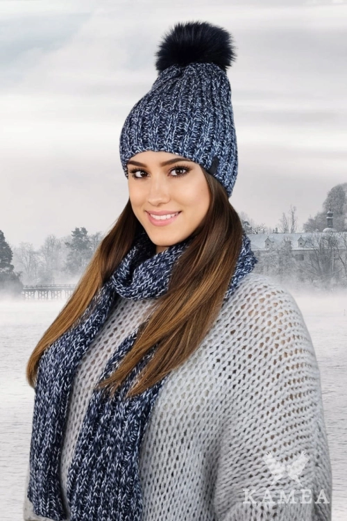 Wezyr-Komplet damski: czapka i szalik Kamea zimowy, z pomponem, z polarową podszewką, 50% wełny, 180 × 25 cm, kolor granatowy