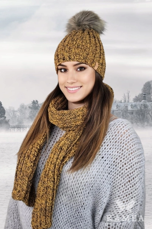 Wezyr-Komplet damski: czapka i szalik Kamea zimowy, z pomponem, z polarową podszewką, 50% wełny, 180 × 25 cm, kolor musztardowy