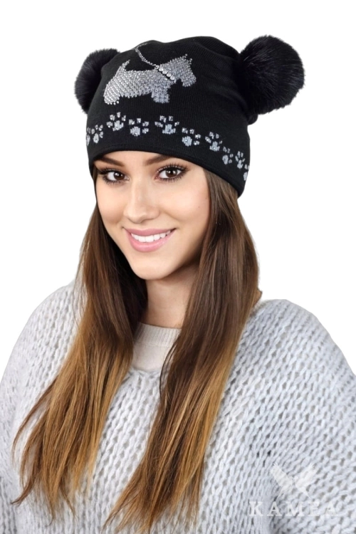 Avril czapka damska Kamea zimowa, z pomponem, z wełną, rozmiar uniwersalny 54–60 cm, kolor czarny