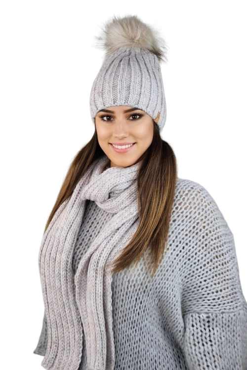 Wezyr-Komplet damski: czapka i szalik Kamea zimowy, z pomponem, z polarową podszewką, 50% wełny, 180 × 25 cm, kolor blady różowy