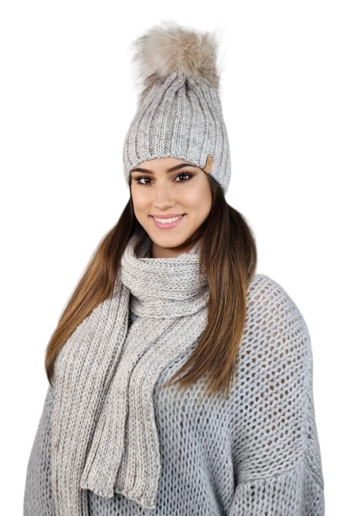 Wezyr-Komplet damski: czapka i szalik Kamea zimowy, z pomponem, z polarową podszewką, 50% wełny, 180 × 25 cm, kolor jasny beżowy