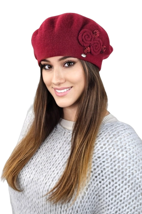 Birma beret damski Kamea zimowy, 80% wełny, rozmiar uniwersalny 54–60 cm, kolor ciemny bordowy