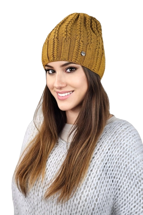 Filona czapka damska Kamea zimowa, z polarową podszewką, z wełną, rozmiar uniwersalny 54–60 cm, kolor musztardowy