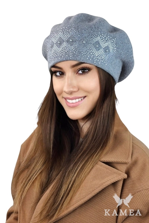 Ginger beret damski Kamea zimowy, 80% wełny, rozmiar uniwersalny 54–60 cm, kolor szary
