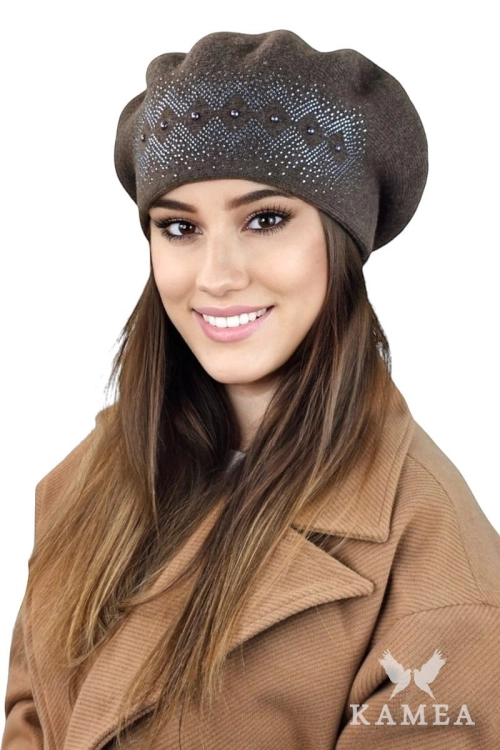 Ginger beret damski Kamea zimowy, 80% wełny, rozmiar uniwersalny 54–60 cm, kolor brązowy